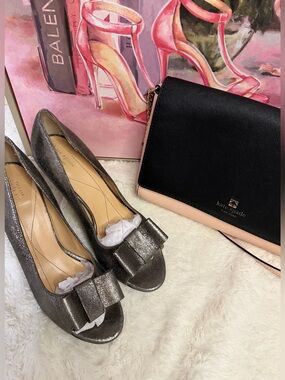 Kate Spade Bow Peep Toe Heels Metallic Pewter Pumps Size 8.5M Wedding Party